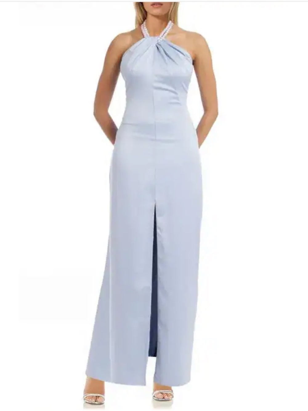 Badgley Mischka Dylan Faux Perl Trim Halter Neck Satin Formal Dress Size 8 Blue